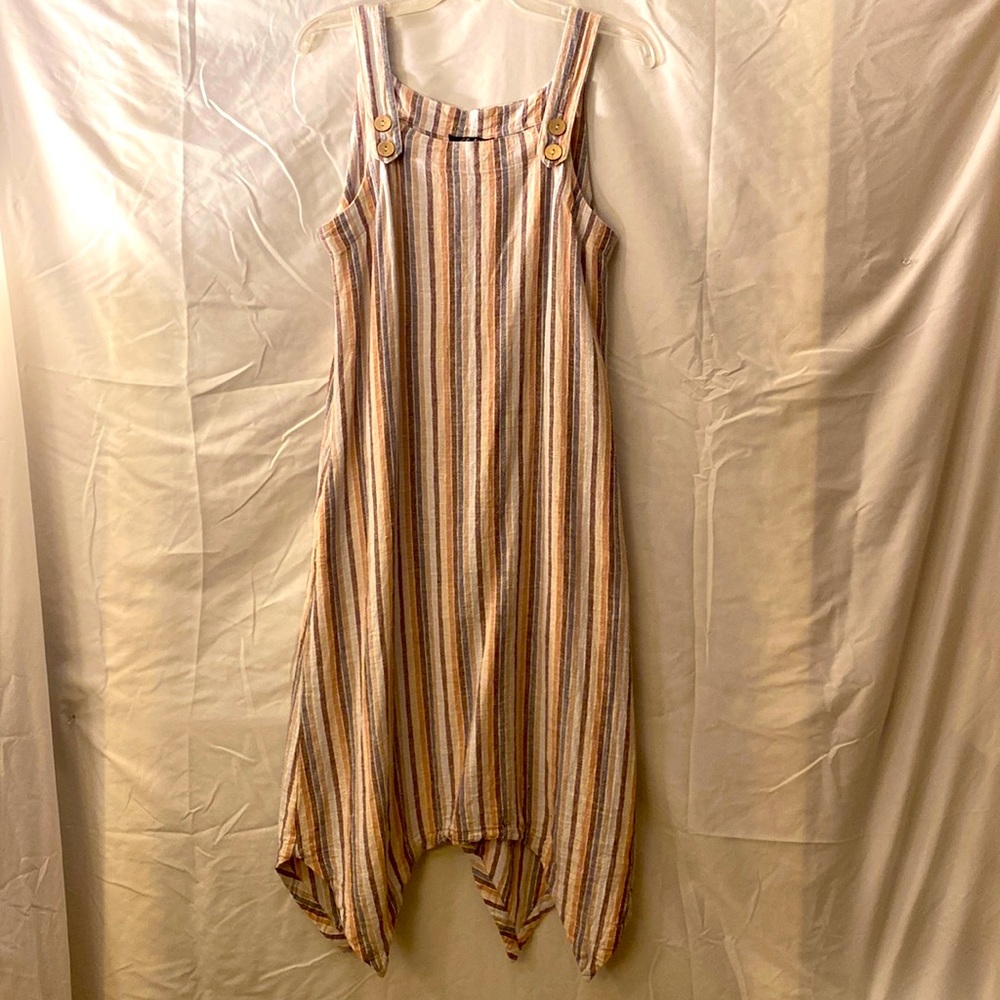 Charlie B petite small earth tone striped dress with wooden buttons on straps